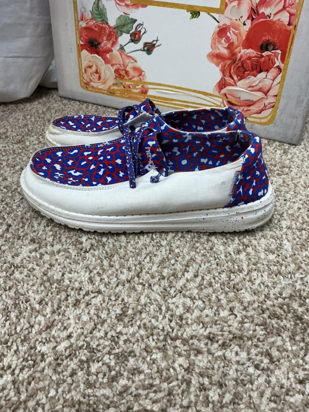 Hey Dude Women's White Sneakers with Blue & Red Pattern
